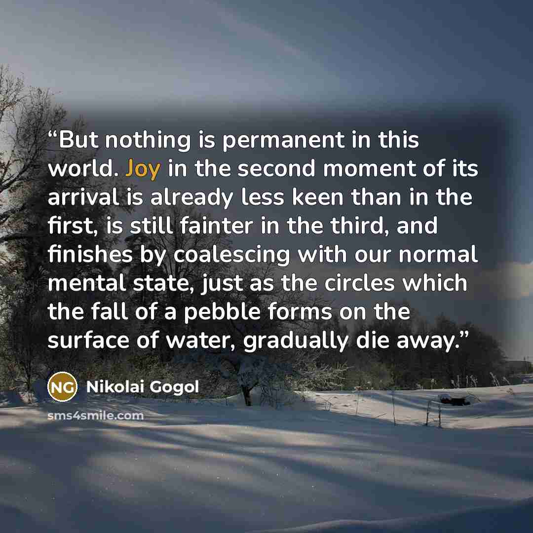 “But nothing is permanent in this world. Joy in the second moment of its arrival is already less keen than in the first, is still fainter in the third, and finishes by coalescing with our normal mental state, just as the circles which the fall of a pebble forms on the surface of water, gradually…” quote by Nikolai Gogol