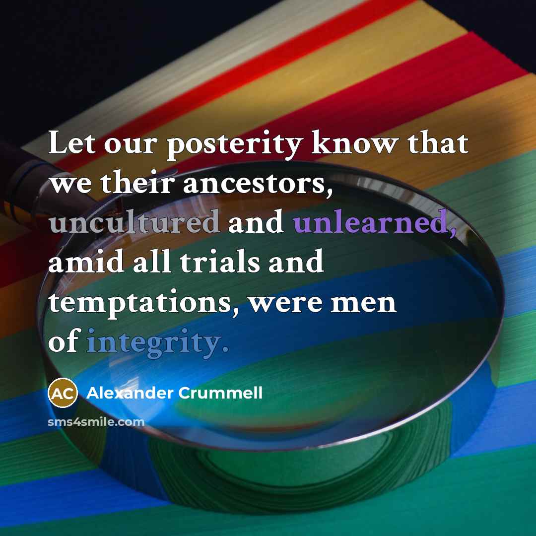 “Let our posterity know that we their ancestors, uncultured and unlearned, amid all trials and temptations, were men of integrity.” quote by Alexander Crummell