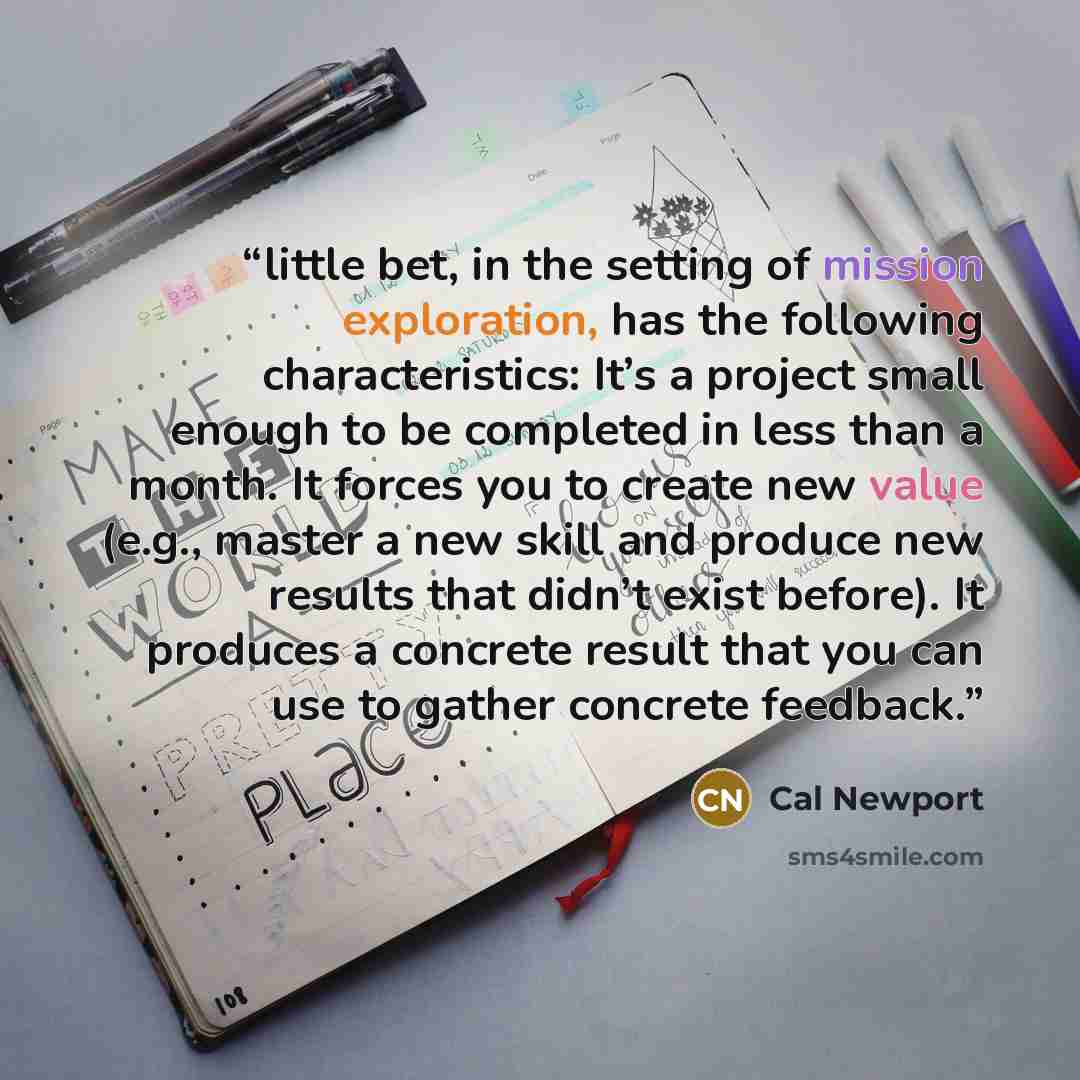 “little bet, in the setting of mission exploration, has the following characteristics: It’s a project small enough to be completed in less than a month. It forces you to create new value (e.g., master a new skill and produce new results that didn’t exist before). It produces a concrete result that…” quote by Cal Newport