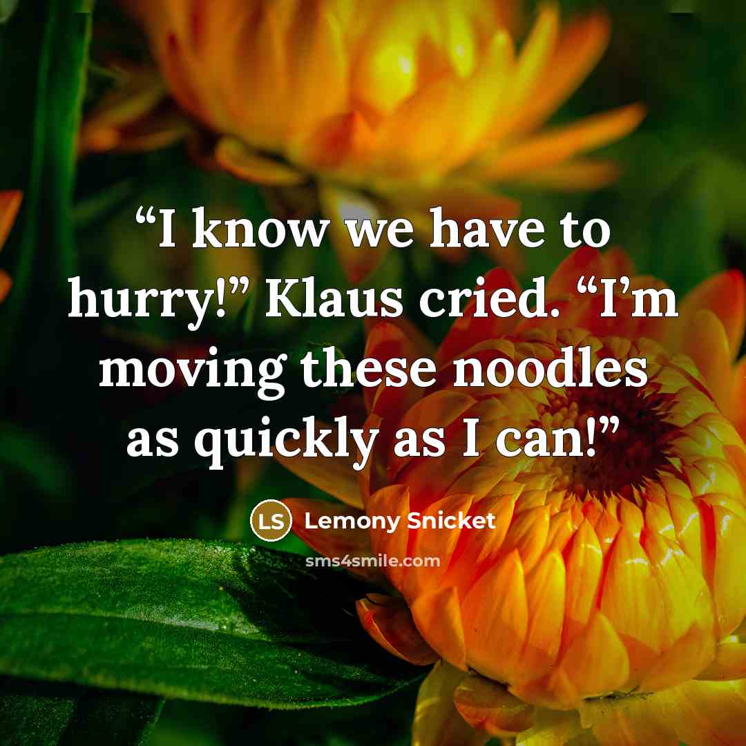 “I know we have to hurry!” Klaus cried. “I’m moving these noodles as quickly as I can!” quote by Lemony Snicket