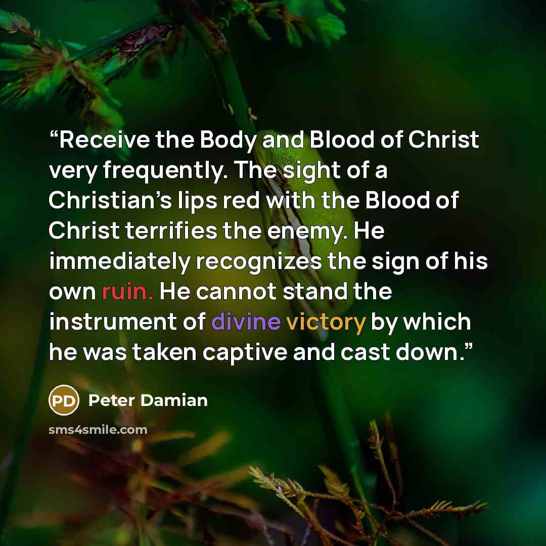 “Receive the Body and Blood of Christ very frequently. The sight of a Christian’s lips red with the Blood of Christ terrifies the enemy. He immediately recognizes the sign of his own ruin. He cannot stand the instrument of divine victory by which he was taken captive and cast down.” quote by Peter Damian