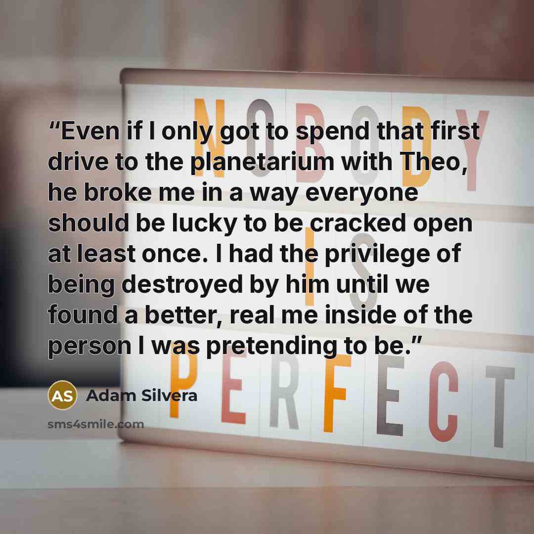 “Even if I only got to spend that first drive to the planetarium with Theo, he broke me in a way everyone should be lucky to be cracked open at least once. I had the privilege of being destroyed by him until we found a better, real me inside of the person I was pretending to be.” quote by Adam Silvera