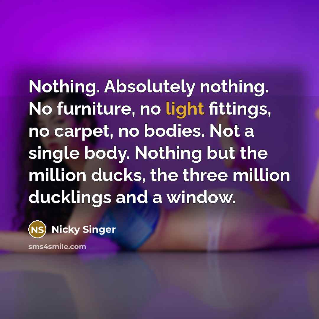 “Nothing. Absolutely nothing. No furniture, no light fittings, no carpet, no bodies. Not a single body. Nothing but the million ducks, the three million ducklings and a window.” quote by Nicky Singer