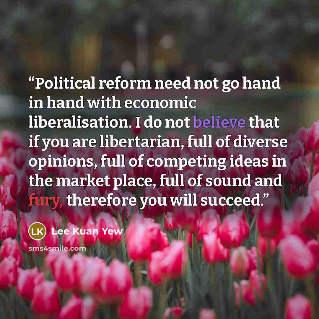 “Political reform need not go hand in hand with economic liberalisation. I do not believe that if you are libertarian, full of diverse opinions, full of competing ideas in the market place, full of sound and fury, therefore you will succeed.” quote by Lee Kuan Yew