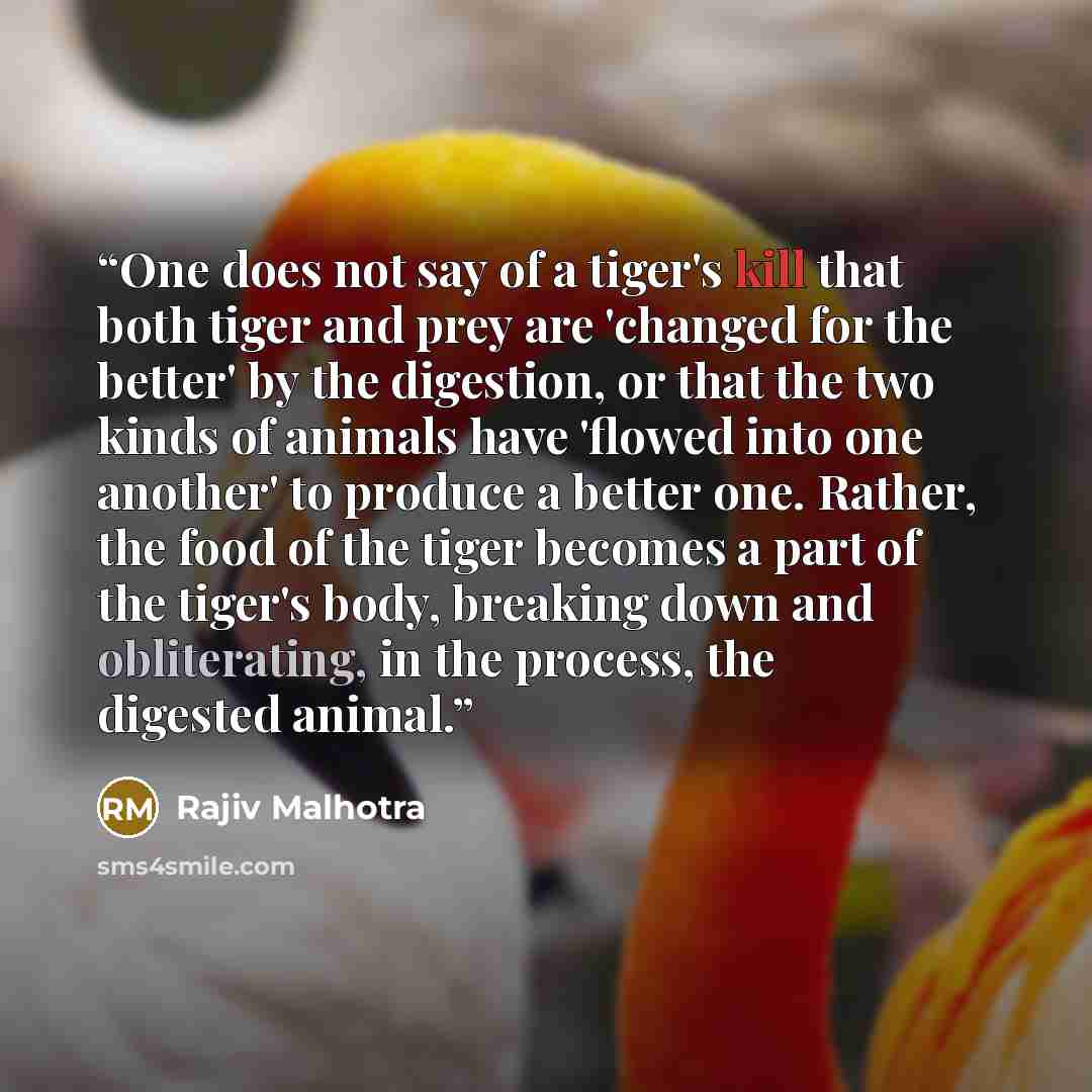 “One does not say of a tiger's kill that both tiger and prey are 'changed for the better' by the digestion, or that the two kinds of animals have 'flowed into one another' to produce a better one. Rather, the food of the tiger becomes a part of the tiger's body, breaking down and obliterating, in…” quote by Rajiv Malhotra
