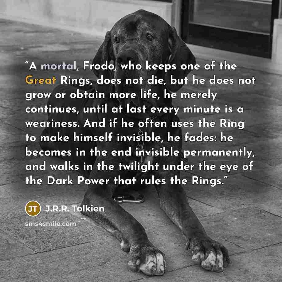 “A mortal, Frodo, who keeps one of the Great Rings, does not die, but he does not grow or obtain more life, he merely continues, until at last every minute is a weariness. And if he often uses the Ring to make himself invisible, he fades: he becomes in the end invisible permanently, and walks in…” quote by J.R.R. Tolkien