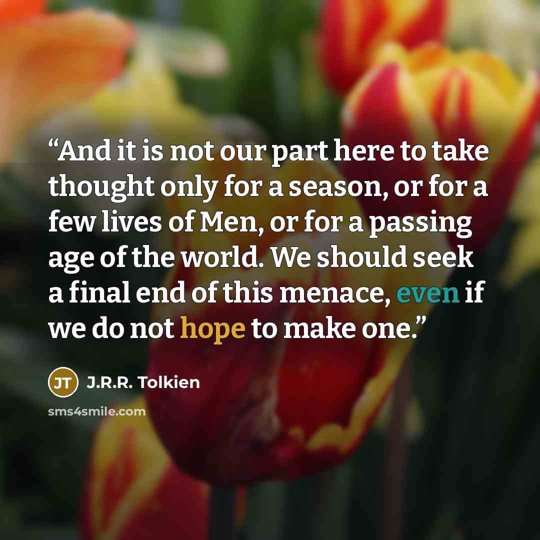 “And it is not our part here to take thought only for a season, or for a few lives of Men, or for a passing age of the world. We should seek a final end of this menace, even if we do not hope to make one.” quote by J.R.R. Tolkien