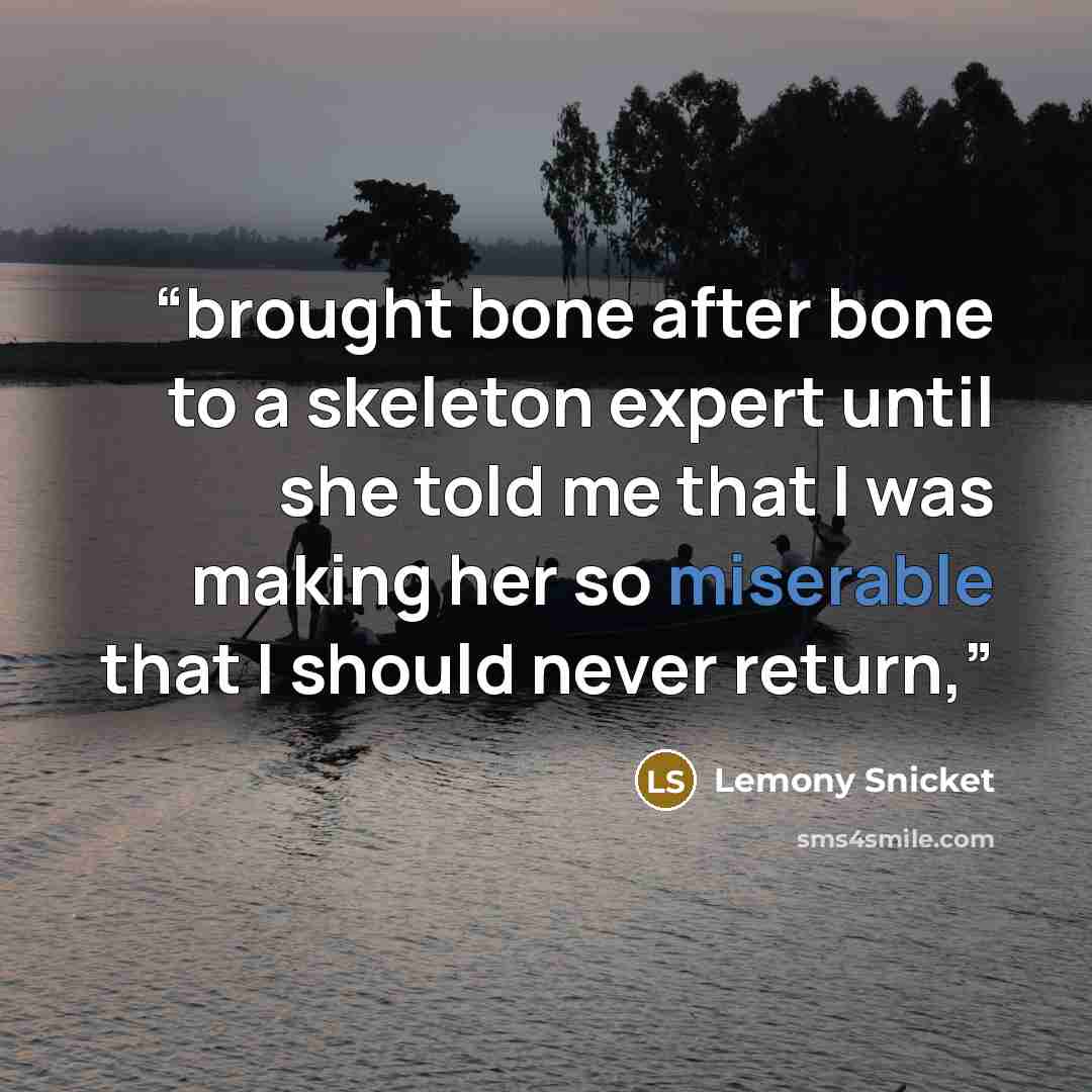 “brought bone after bone to a skeleton expert until she told me that I was making her so miserable that I should never return,” quote by Lemony Snicket