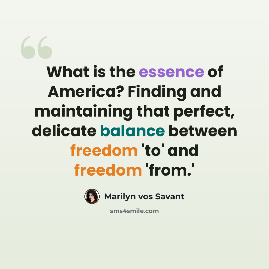 “What is the essence of America? Finding and maintaining that perfect, delicate balance between freedom 'to' and freedom 'from.'” quote by Marilyn vos Savant