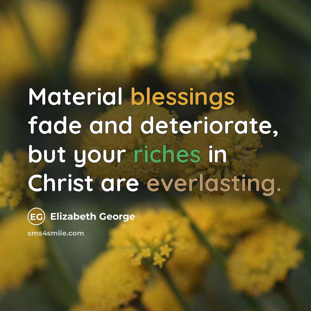 “Material blessings fade and deteriorate, but your riches in Christ are everlasting.” quote by Elizabeth George
