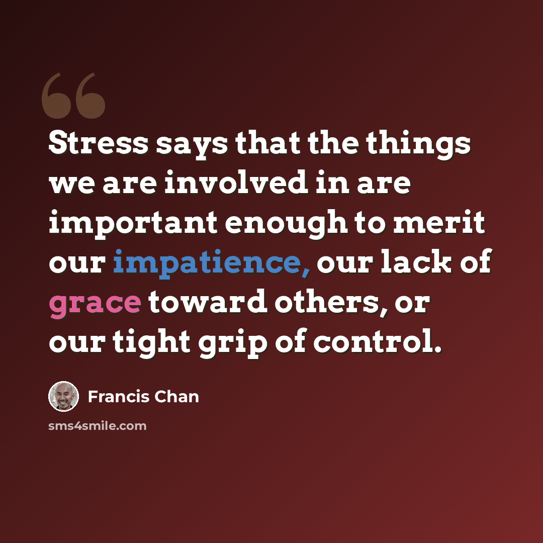 “Stress says that the things we are involved in are important enough to merit our impatience, our lack of grace toward others, or our tight grip of control.” quote by Francis Chan