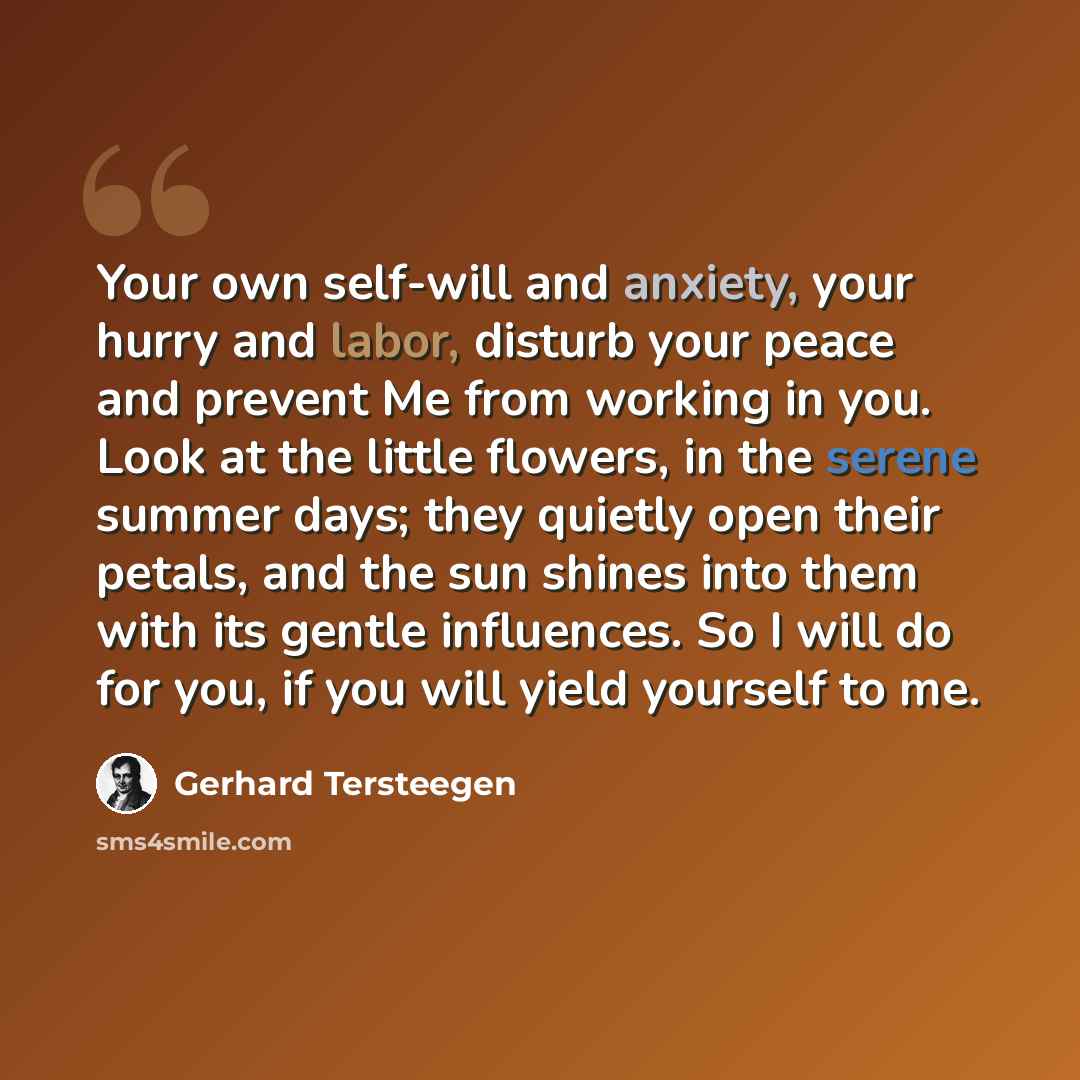 “Your own self-will and anxiety, your hurry and labor, disturb your peace and prevent Me from working in you. Look at the little flowers, in the serene summer days; they quietly open their petals, and the sun shines into them with its gentle influences. So I will do for you, if you will yield…” quote by Gerhard Tersteegen