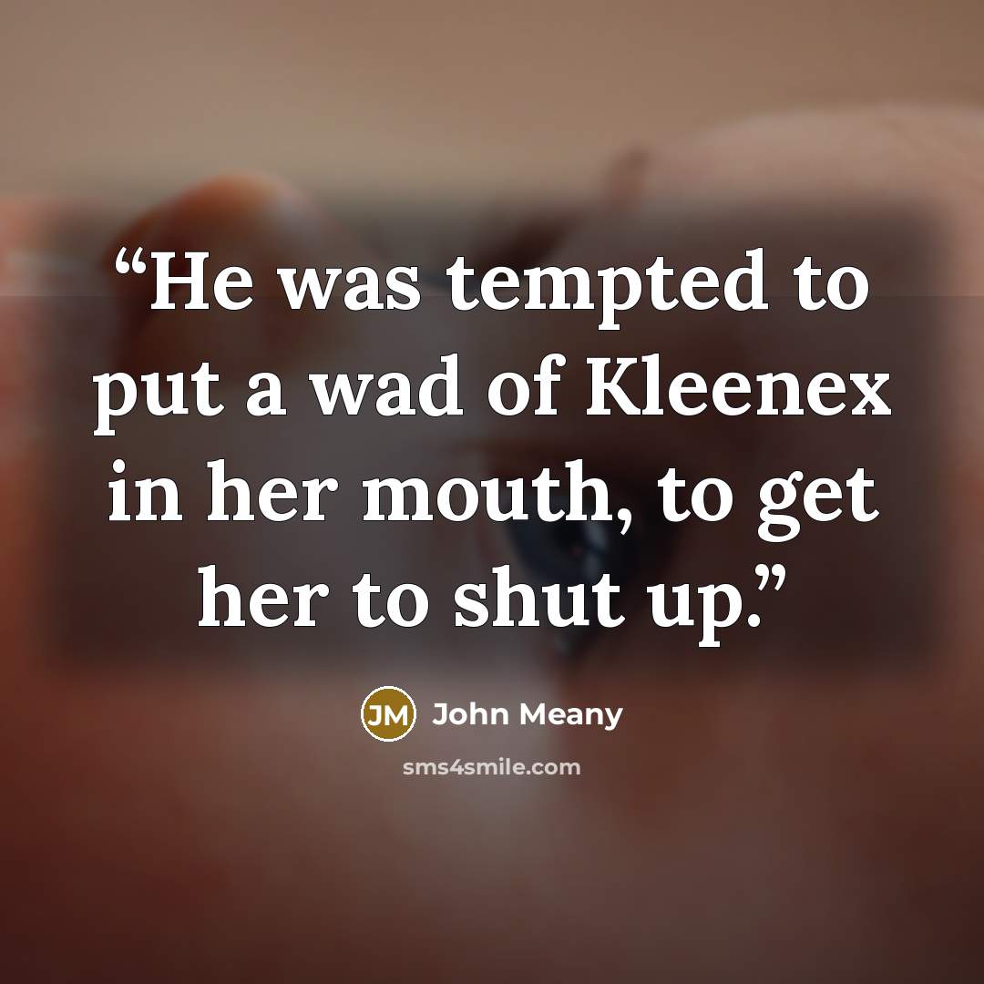 “He was tempted to put a wad of Kleenex in her mouth, to get her to shut up.” quote by John Meany