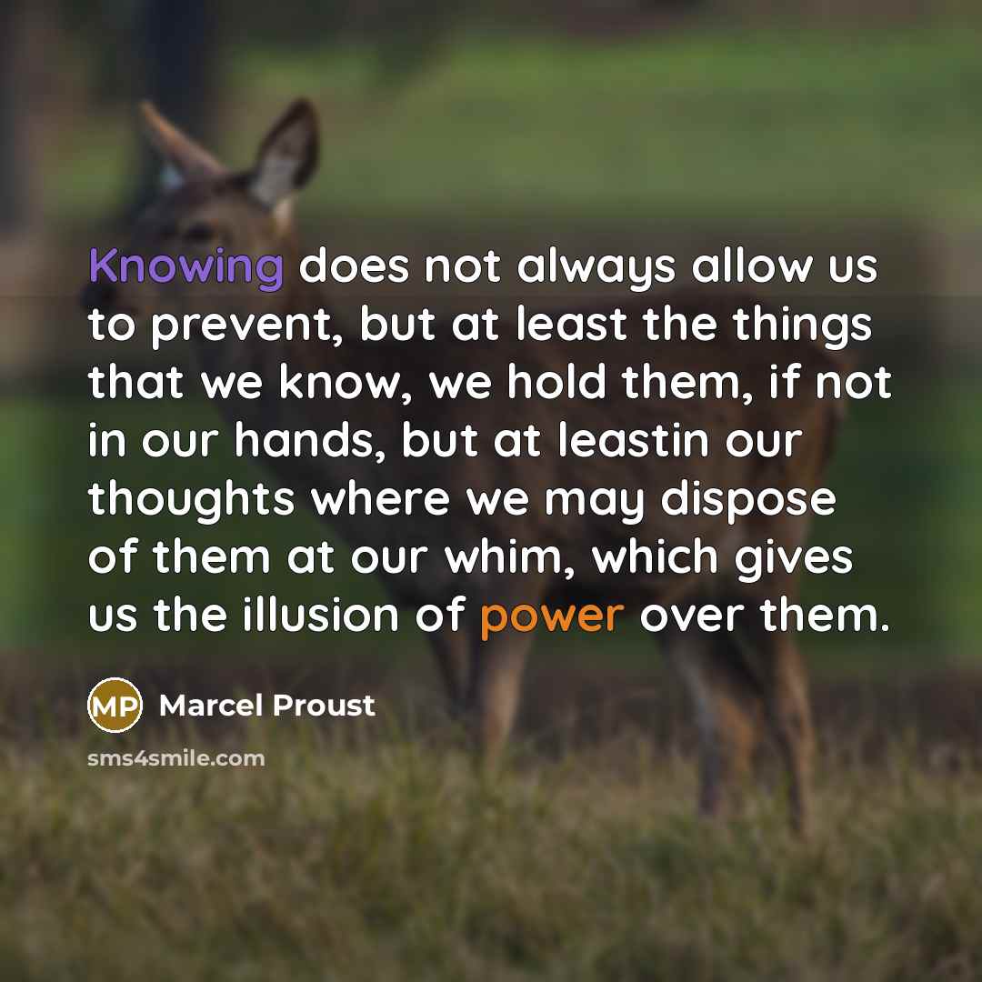 “Knowing does not always allow us to prevent, but at least the things that we know, we hold them, if not in our hands, but at leastin our thoughts where we may dispose of them at our whim, which gives us the illusion of power over them.” quote by Marcel Proust