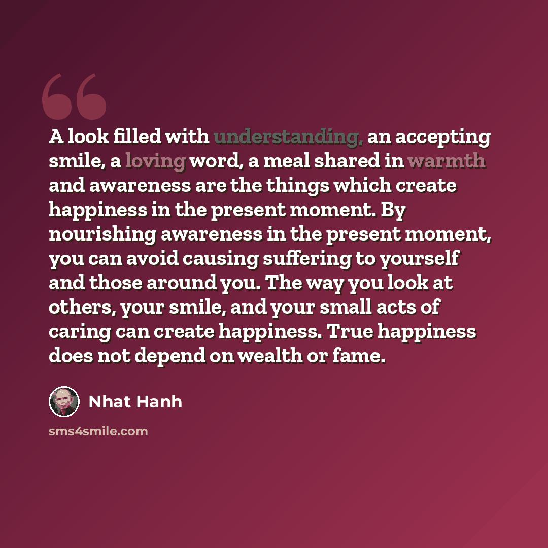 “A look filled with understanding, an accepting smile, a loving word, a meal shared in warmth and awareness are the things which create happiness in the present moment. By nourishing awareness in the present moment, you can avoid causing suffering to yourself and those around you. The way you look…” quote by Nhat Hanh