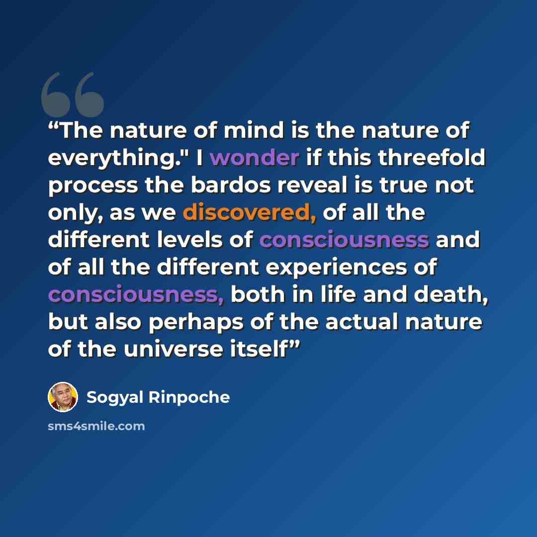 “The nature of mind is the nature of everything." I wonder if this threefold process the bardos reveal is true not only, as we discovered, of all the different levels of consciousness and of all the different experiences of consciousness, both in life and death, but also perhaps of the actual…” quote by Sogyal Rinpoche