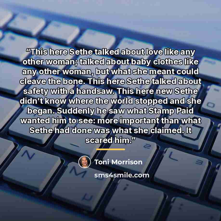 “This here Sethe talked about love like any other woman; talked about baby clothes like any other woman, but what she meant could cleave the bone. This here Sethe talked about safety with a handsaw. This here new Sethe didn't know where the world stopped and she began. Suddenly he saw what Stamp…” quote by Toni Morrison