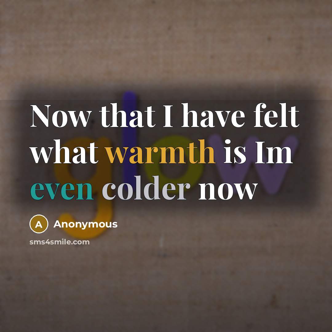 “Now that I have felt what warmth is Im even colder now” quote by Anonymous