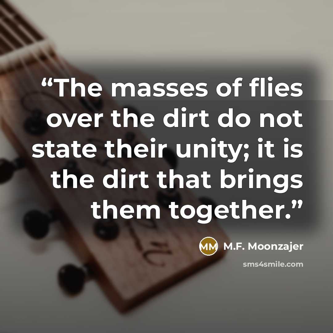 “The masses of flies over the dirt do not state their unity; it is the dirt that brings them together.” quote by M.F. Moonzajer