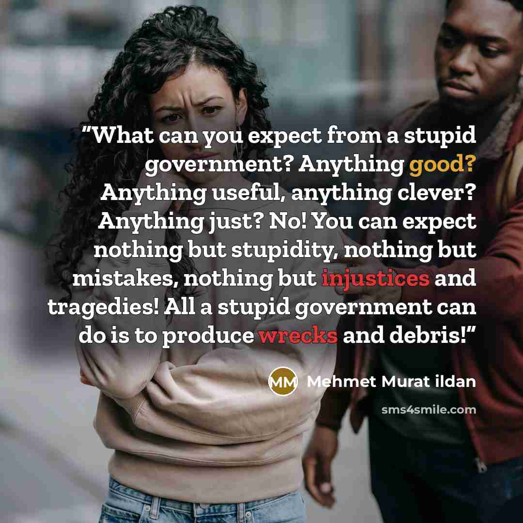 “What can you expect from a stupid government? Anything good? Anything useful, anything clever? Anything just? No! You can expect nothing but stupidity, nothing but mistakes, nothing but injustices and tragedies! All a stupid government can do is to produce wrecks and debris!” quote by Mehmet Murat ildan
