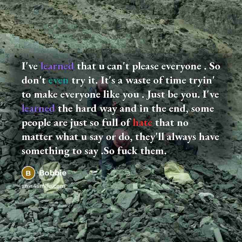 “I've learned that u can't please everyone . So don't even try it. It's a waste of time tryin' to make everyone like you . Just be you. I've learned the hard way and in the end, some people are just so full of hate that no matter what u say or do, they'll always have something to say .So fuck them.” quote by Bobbie