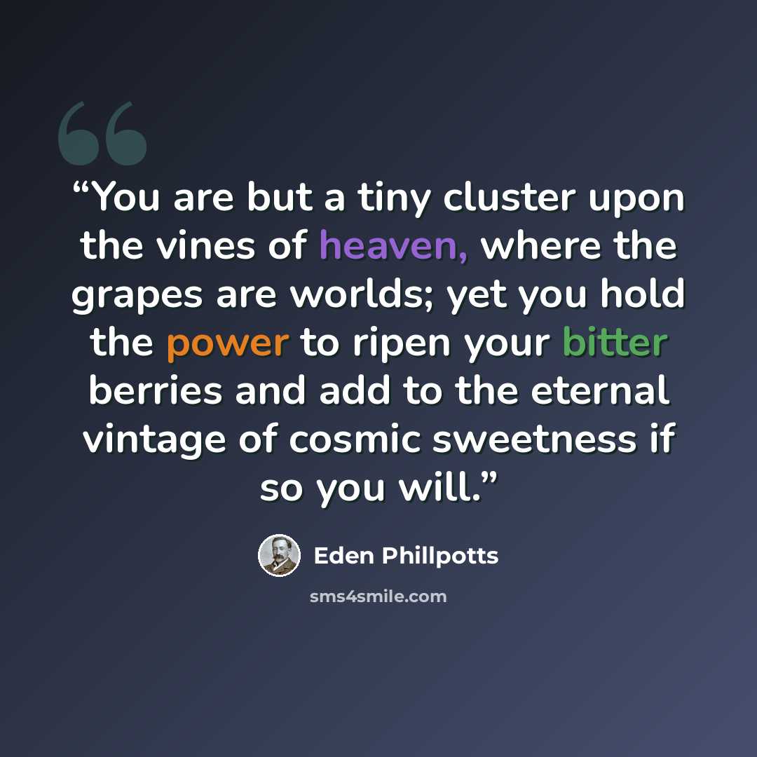 “You are but a tiny cluster upon the vines of heaven, where the grapes are worlds; yet you hold the power to ripen your bitter berries and add to the eternal vintage of cosmic sweetness if so you will.” quote by Eden Phillpotts
