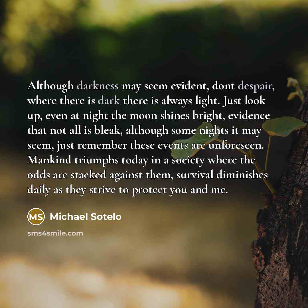 “Although darkness may seem evident, dont despair, where there is dark there is always light. Just look up, even at night the moon shines bright, evidence that not all is bleak, although some nights it may seem, just remember these events are unforeseen. Mankind triumphs today in a society where…” quote by Michael Sotelo