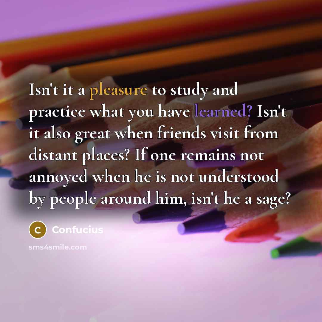“Isn't it a pleasure to study and practice what you have learned? Isn't it also great when friends visit from distant places? If one remains not annoyed when he is not understood by people around him, isn't he a sage?” quote by Confucius