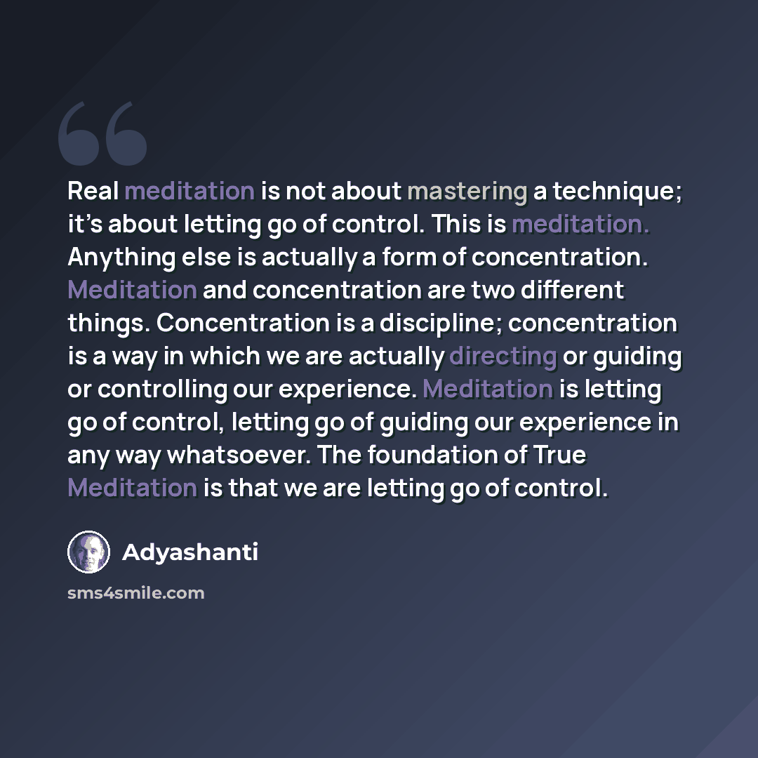 “Real meditation is not about mastering a technique; it’s about letting go of control. This is meditation. Anything else is actually a form of concentration. Meditation and concentration are two different things. Concentration is a discipline; concentration is a way in which we are actually…” quote by Adyashanti