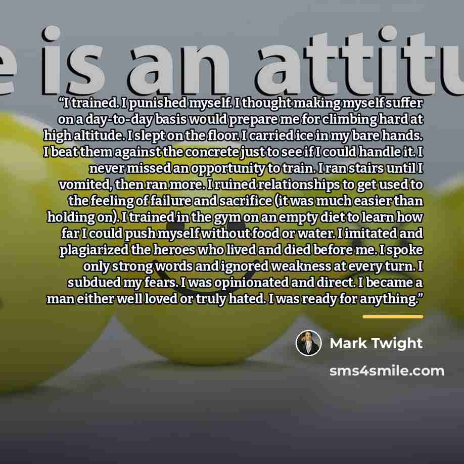 “I trained. I punished myself. I thought making myself suffer on a day-to-day basis would prepare me for climbing hard at high altitude. I slept on the floor. I carried ice in my bare hands. I beat them against the concrete just to see if I could handle it. I never missed an opportunity to train. I…” quote by Mark Twight
