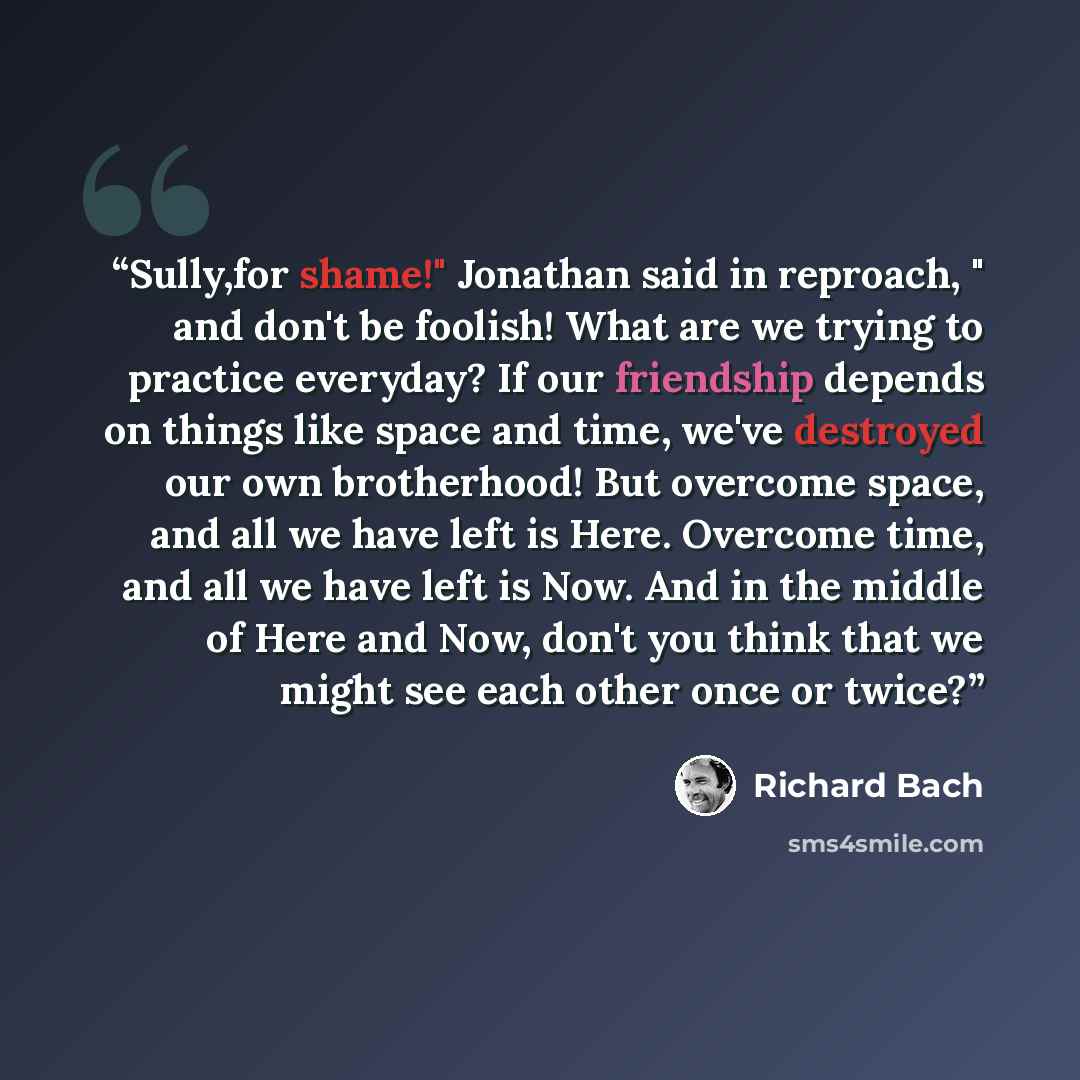 “Sully,for shame!" Jonathan said in reproach, " and don't be foolish! What are we trying to practice everyday? If our friendship depends on things like space and time, we've destroyed our own brotherhood! But overcome space, and all we have left is Here. Overcome time, and all we have left is Now…” quote by Richard Bach