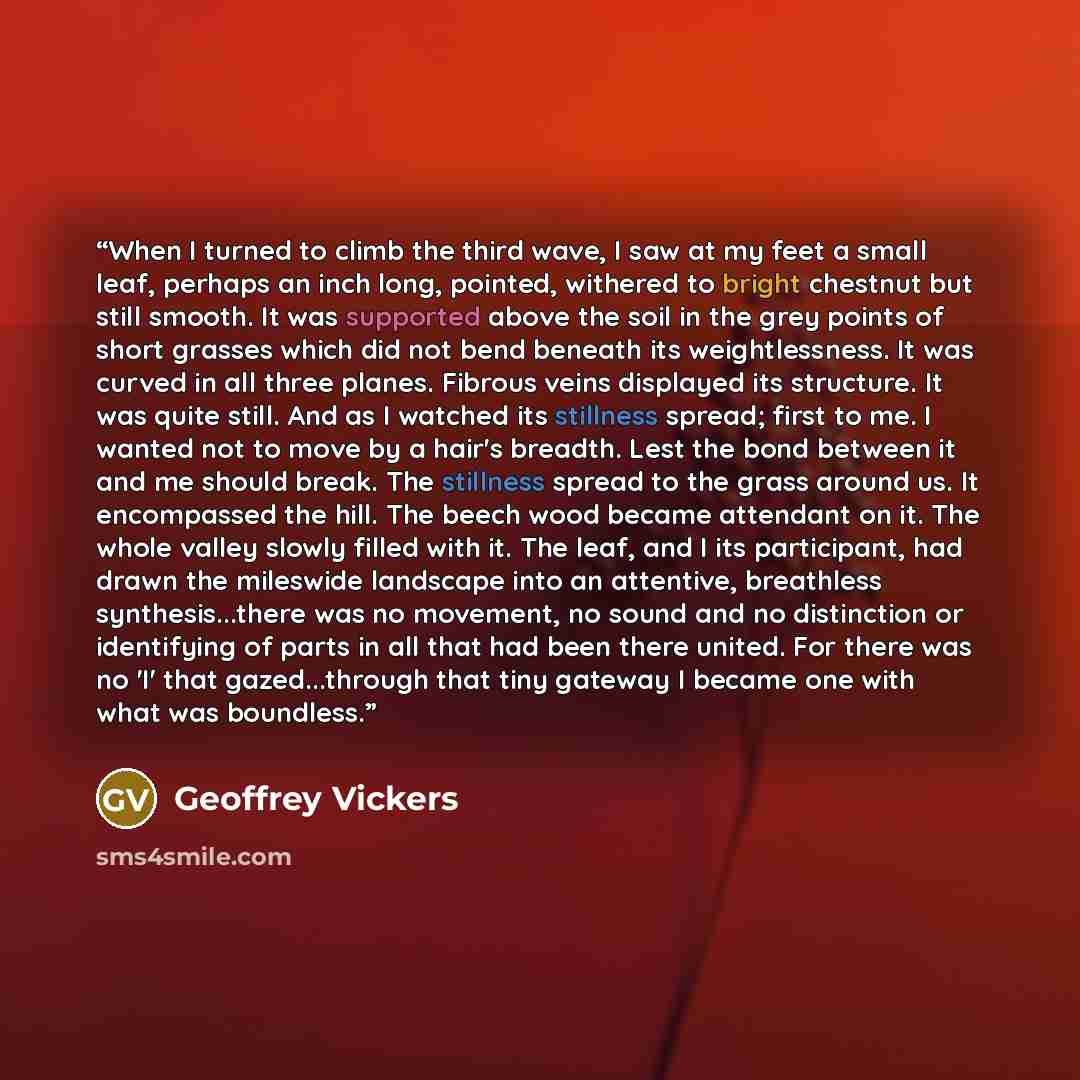 “When I turned to climb the third wave, I saw at my feet a small leaf, perhaps an inch long, pointed, withered to bright chestnut but still smooth. It was supported above the soil in the grey points of short grasses which did not bend beneath its weightlessness. It was curved in all three planes…” quote by Geoffrey Vickers
