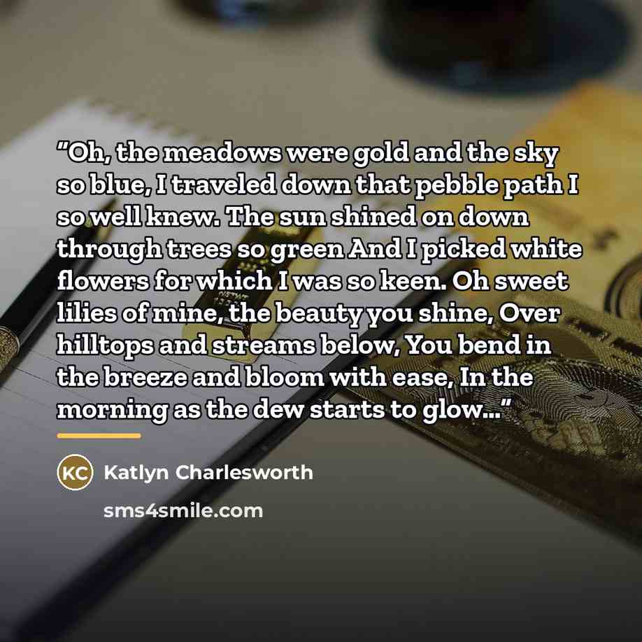 “Oh, the meadows were gold and the sky so blue, I traveled down that pebble path I so well knew. The sun shined on down through trees so green And I picked white flowers for which I was so keen. Oh sweet lilies of mine, the beauty you shine, Over hilltops and streams below, You bend in the breeze…” quote by Katlyn Charlesworth