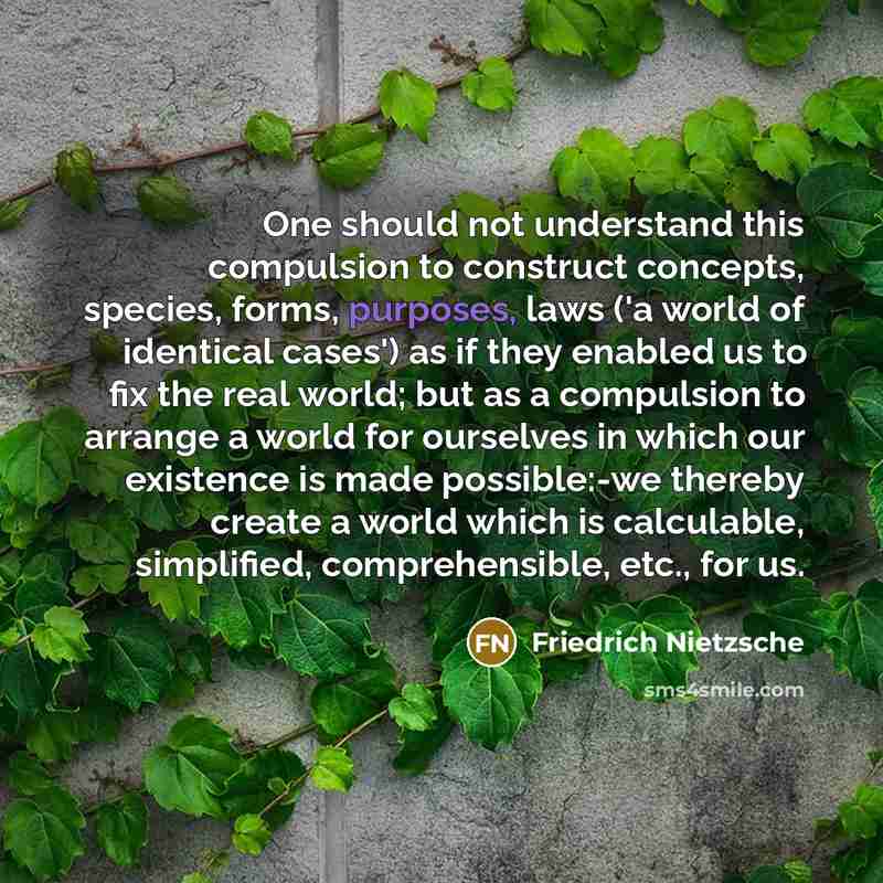 “One should not understand this compulsion to construct concepts, species, forms, purposes, laws ('a world of identical cases') as if they enabled us to fix the real world; but as a compulsion to arrange a world for ourselves in which our existence is made possible:-we thereby create a world which…” quote by Friedrich Nietzsche