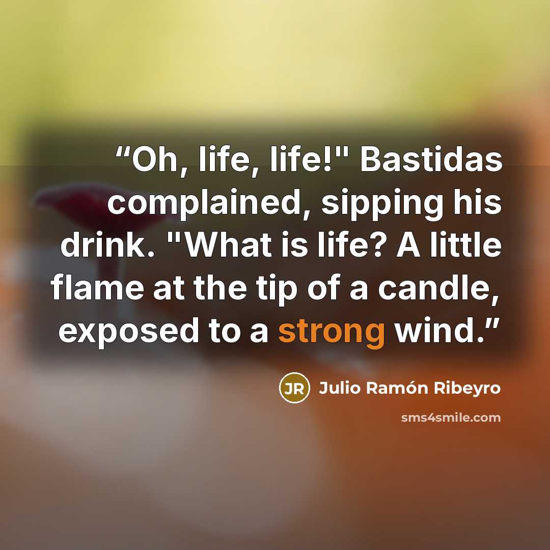 “Oh, life, life!" Bastidas complained, sipping his drink. "What is life? A little flame at the tip of a candle, exposed to a strong wind.” quote by Julio Ramón Ribeyro