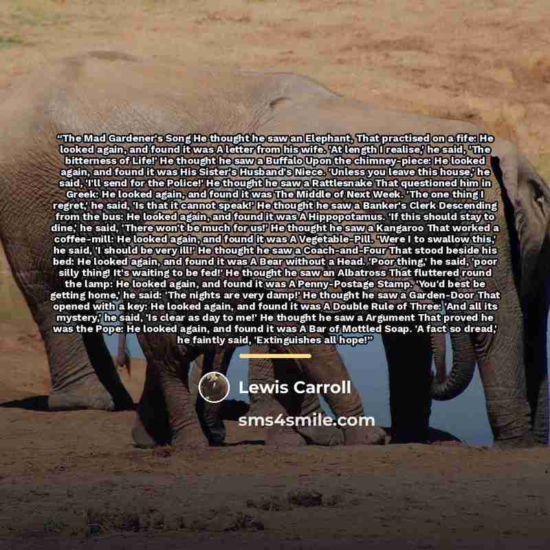 “The Mad Gardener's Song He thought he saw an Elephant, That practised on a fife: He looked again, and found it was A letter from his wife. 'At length I realise,' he said, 'The bitterness of Life!' He thought he saw a Buffalo Upon the chimney-piece: He looked again, and found it was His Sister's…” quote by Lewis Carroll