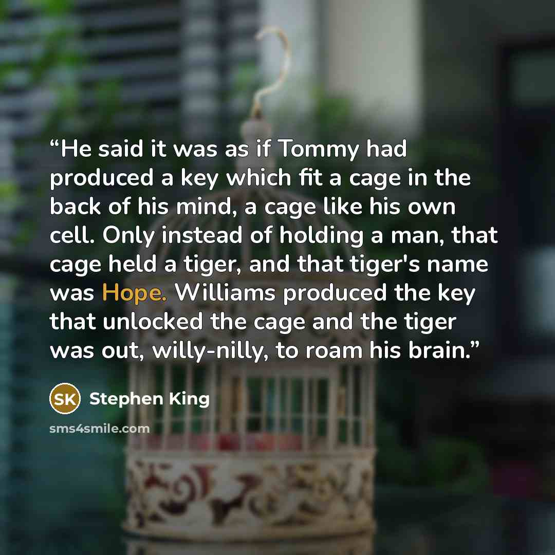 “He said it was as if Tommy had produced a key which fit a cage in the back of his mind, a cage like his own cell. Only instead of holding a man, that cage held a tiger, and that tiger's name was Hope. Williams produced the key that unlocked the cage and the tiger was out, willy-nilly, to roam his…” quote by Stephen King