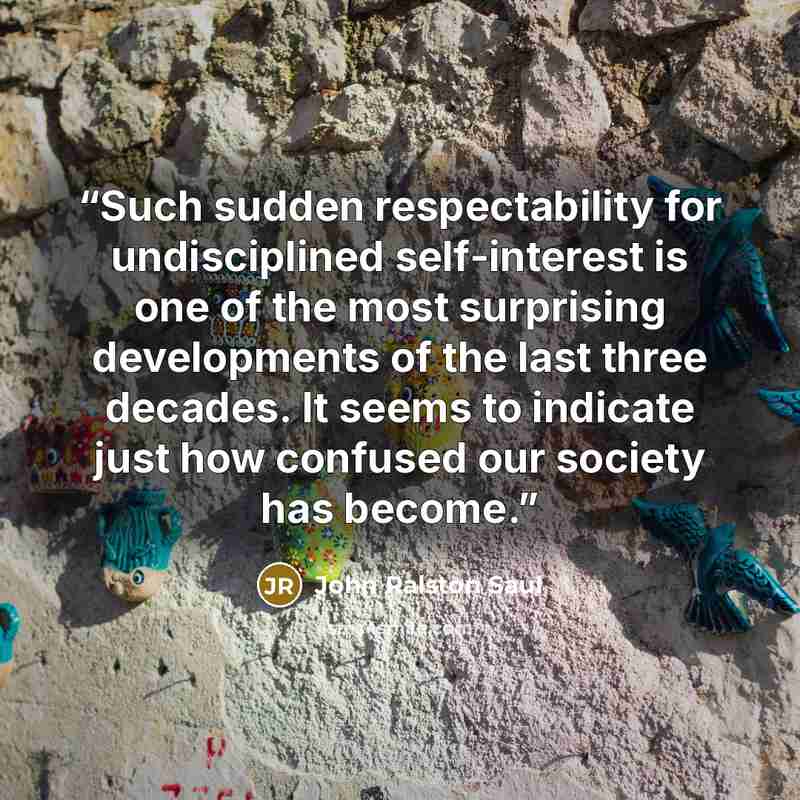 “Such sudden respectability for undisciplined self-interest is one of the most surprising developments of the last three decades. It seems to indicate just how confused our society has become.” quote by John Ralston Saul