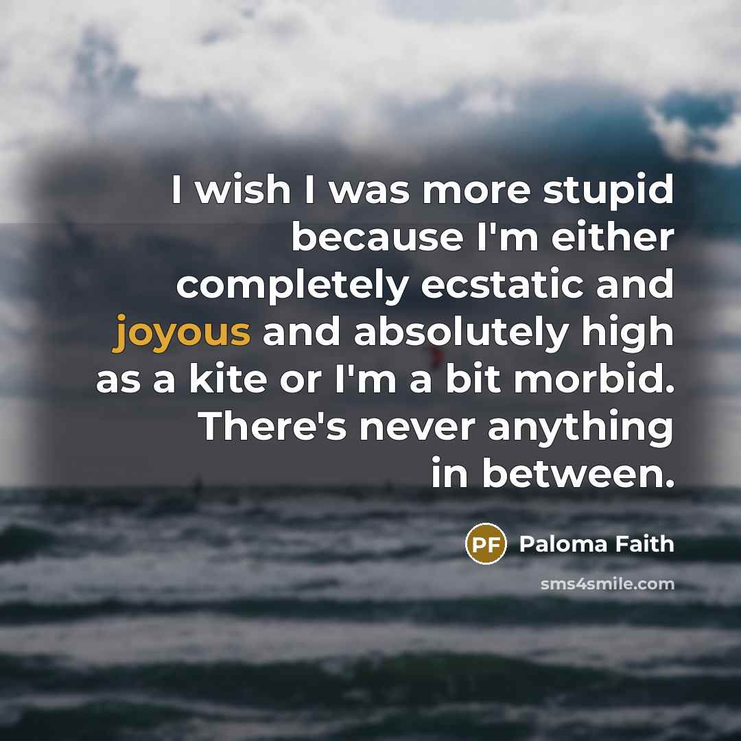 “I wish I was more stupid because I'm either completely ecstatic and joyous and absolutely high as a kite or I'm a bit morbid. There's never anything in between.” quote by Paloma Faith