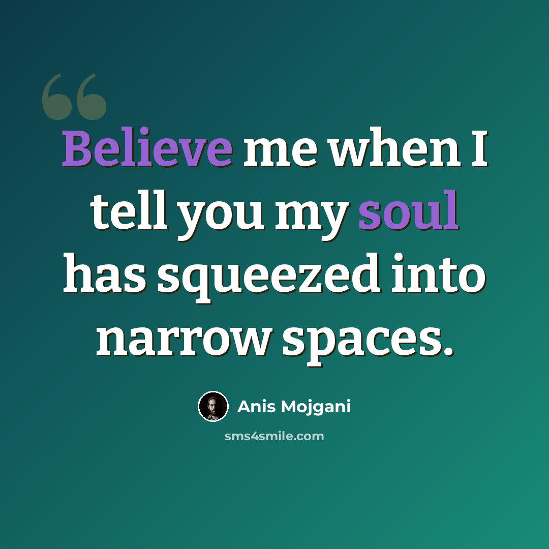 “Believe me when I tell you my soul has squeezed into narrow spaces.” quote by Anis Mojgani