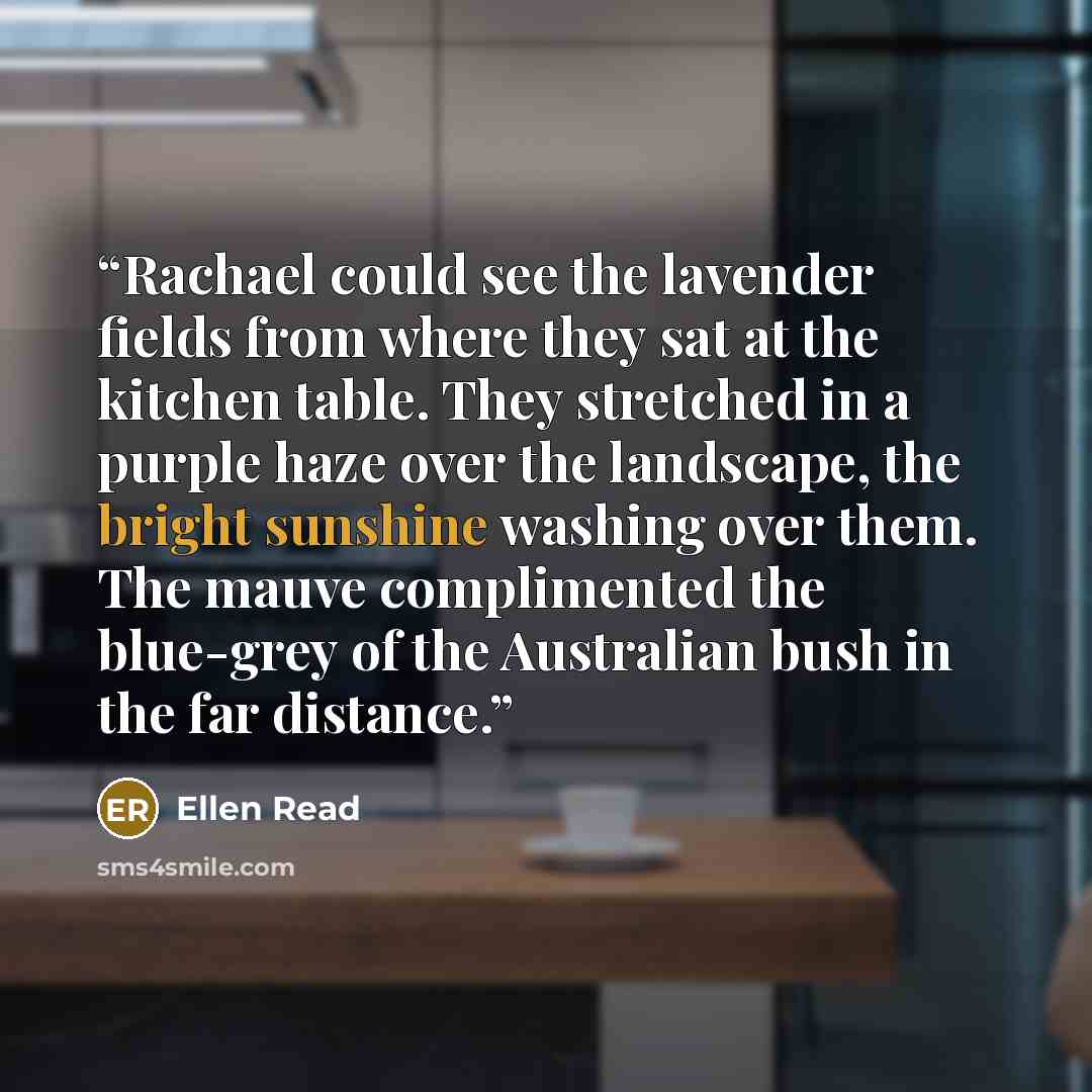 “Rachael could see the lavender fields from where they sat at the kitchen table. They stretched in a purple haze over the landscape, the bright sunshine washing over them. The mauve complimented the blue-grey of the Australian bush in the far distance.” quote by Ellen Read