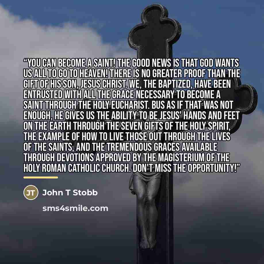 “You can become a saint! The good news is that God wants us all to go to Heaven! There is no greater proof than the gift of His Son, Jesus Christ. We, the baptized, have been entrusted with all the grace necessary to become a saint through the Holy Eucharist. Bus as if that was not enough, He gives…” quote by John T Stobb