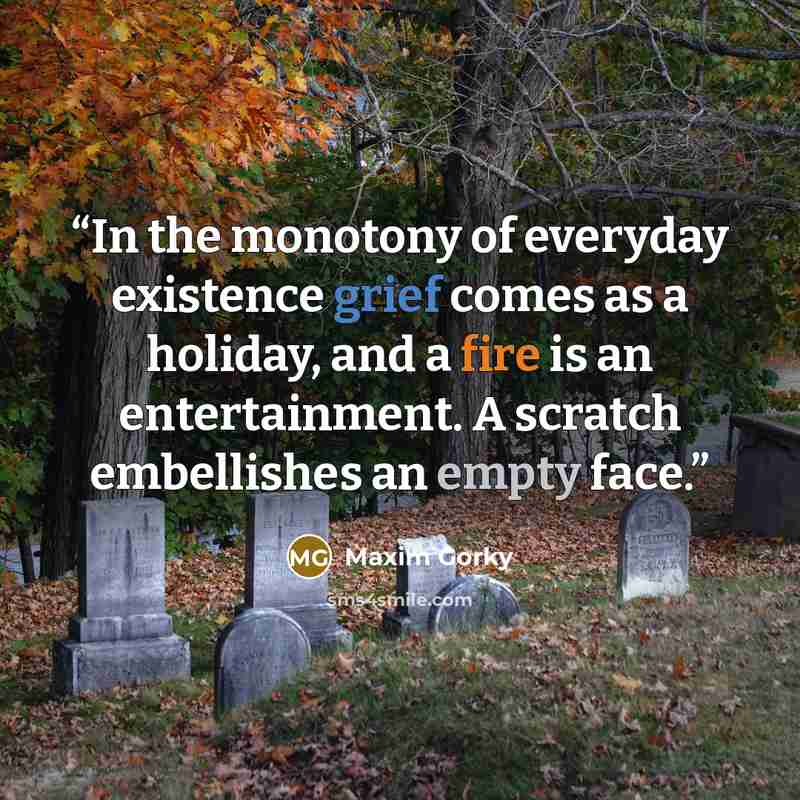 “In the monotony of everyday existence grief comes as a holiday, and a fire is an entertainment. A scratch embellishes an empty face.” quote by Maxim Gorky