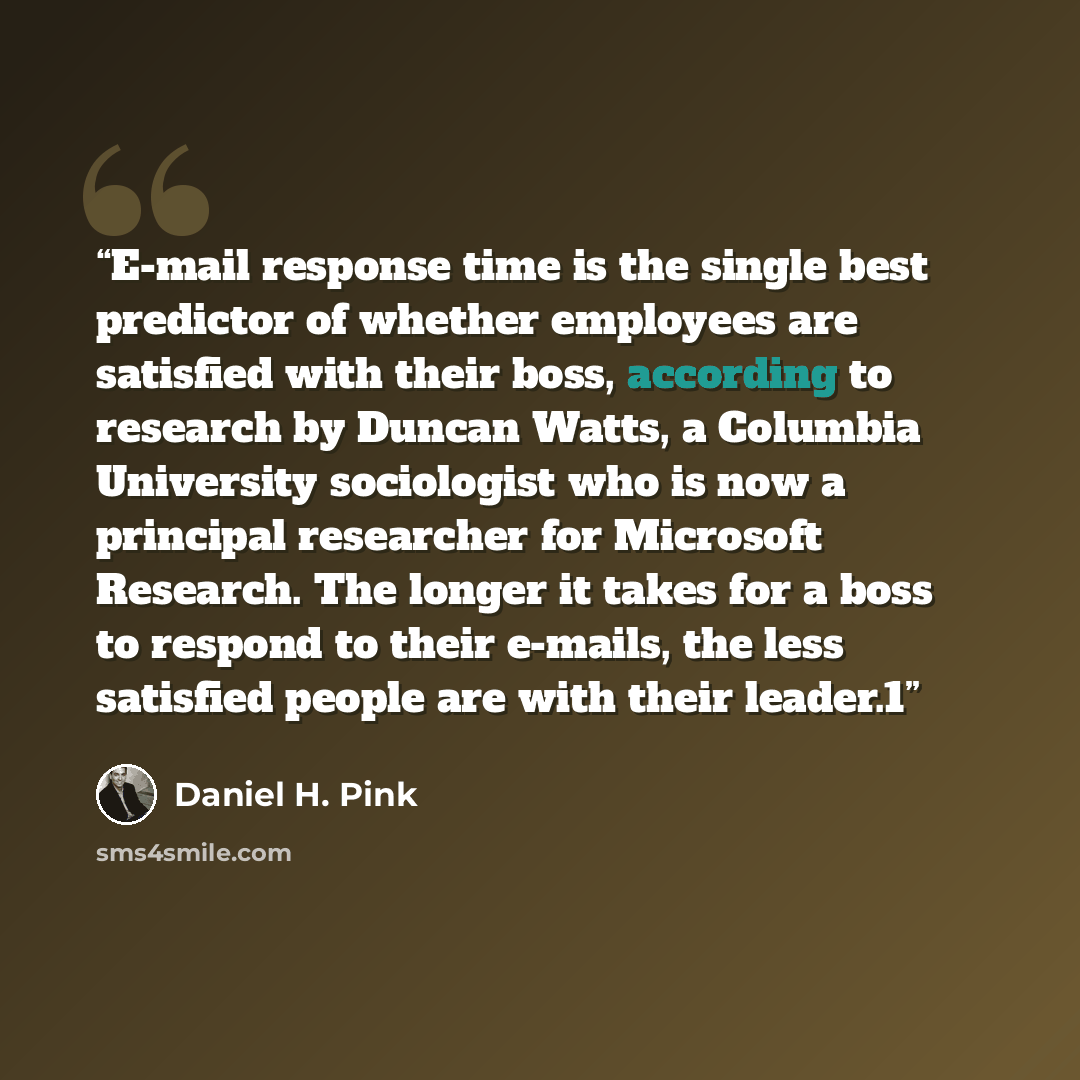 “E-mail response time is the single best predictor of whether employees are satisfied with their boss, according to research by Duncan Watts, a Columbia University sociologist who is now a principal researcher for Microsoft Research. The longer it takes for a boss to respond to their e-mails, the…” quote by Daniel H. Pink