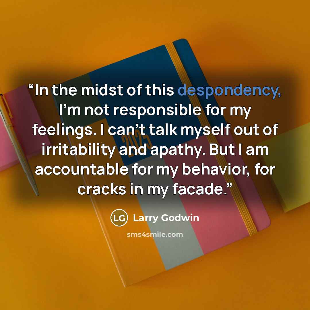 “In the midst of this despondency, I’m not responsible for my feelings. I can’t talk myself out of irritability and apathy. But I am accountable for my behavior, for cracks in my facade.” quote by Larry Godwin