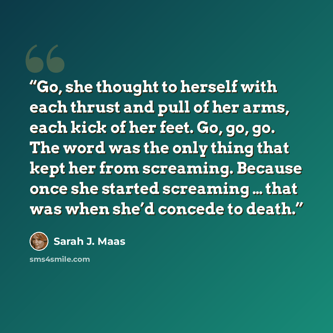 “Go, she thought to herself with each thrust and pull of her arms, each kick of her feet. Go, go, go. The word was the only thing that kept her from screaming. Because once she started screaming … that was when she’d concede to death.” quote by Sarah J. Maas
