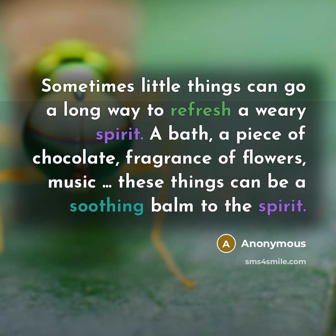 “Sometimes little things can go a long way to refresh a weary spirit. A bath, a piece of chocolate, fragrance of flowers, music ... these things can be a soothing balm to the spirit.” quote by Anonymous