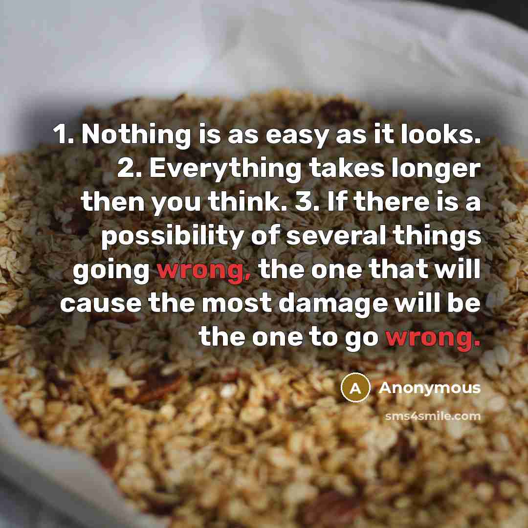 “1. Nothing is as easy as it looks. 2. Everything takes longer then you think. 3. If there is a possibility of several things going wrong, the one that will cause the most damage will be the one to go wrong.” quote by Anonymous