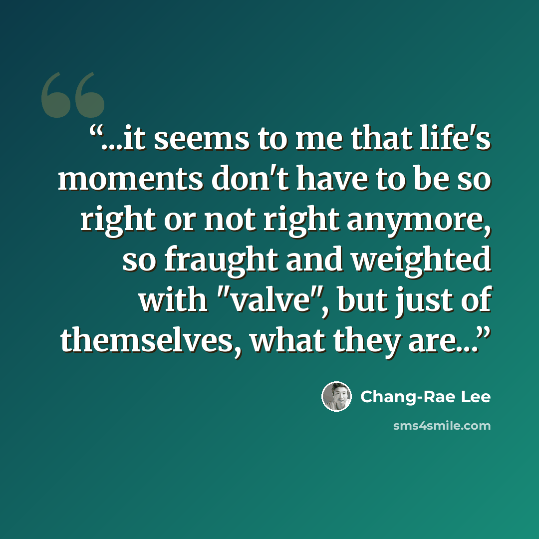 “...it seems to me that life's moments don't have to be so right or not right anymore, so fraught and weighted with "valve", but just of themselves, what they are...” quote by Chang-rae Lee