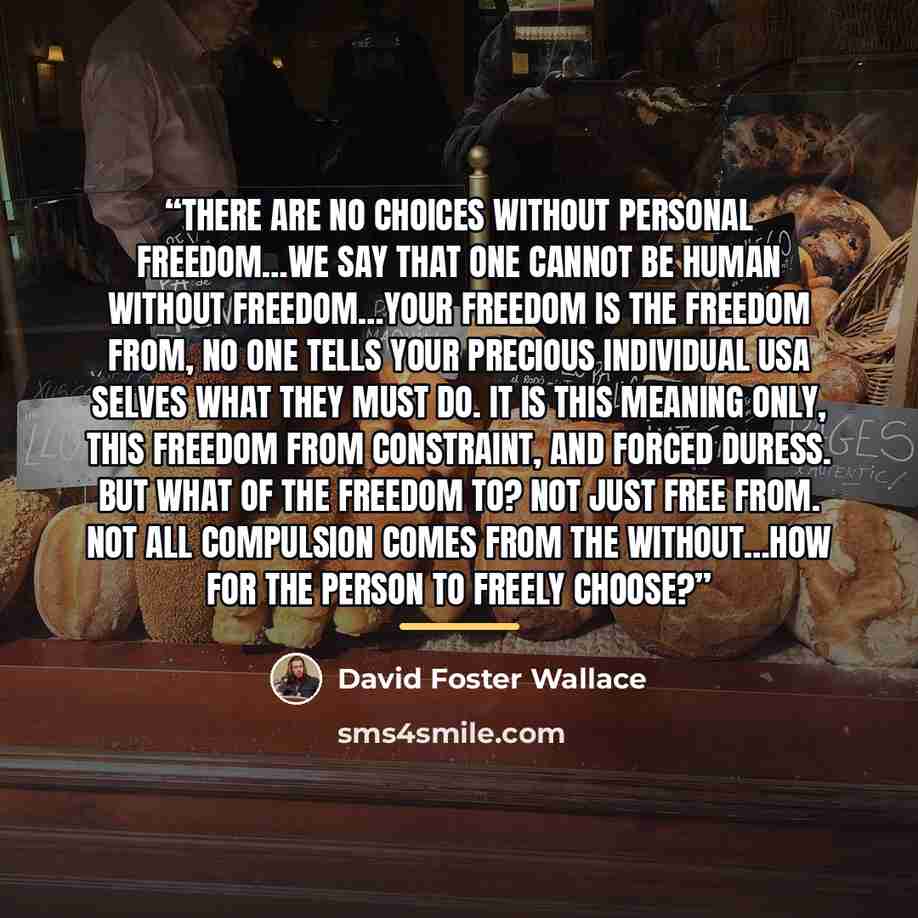 “There are no choices without personal freedom…We say that one cannot be human without freedom…Your freedom is the freedom from, no one tells your precious individual USA selves what they must do. It is this meaning only, this freedom from constraint, and forced duress. But what of the freedom to?…” quote by David Foster Wallace